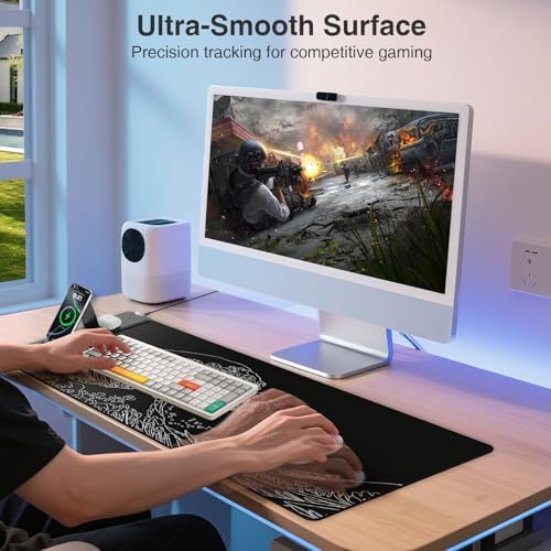 Wireless Charging Mouse Pad with Phone Holder, 31.5"x15.8" in, Black Wave