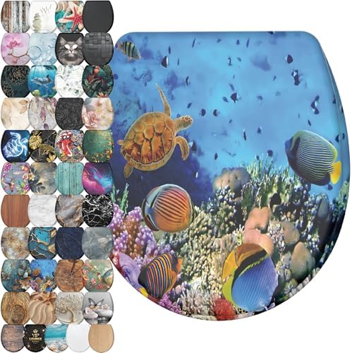 Sanilo Wooden Toilet Seat with Quick Release & Soft Close [ROUND] - Decorative & Slow Close Molded Wood Seat - With One Click for Easy Installation & Cleaning - With Adjustable Fit (Ocean)