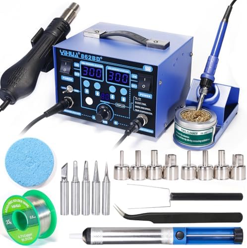 YIHUA 862BD+ Professional Soldering & Rework Station bundle with #2300 Hot Air Nozzles with Iron Holder, Soldering Cleaning Kit, and Accessories (23 Items)