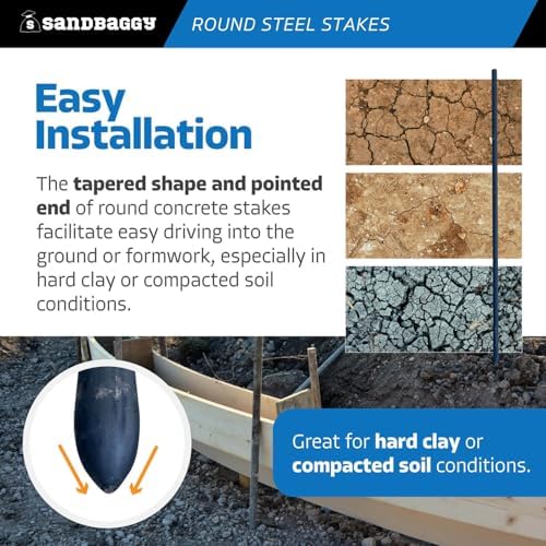 Sandbaggy 48 Inch Round Steel Concrete Form Stakes with Nail Holes, Heavy Duty Rust Resistant Form Pins for Concrete Forms, Slabs, Driveways, Sidewalks, Curbs & Footings, 100 Pack, 3/4 in x 48 in
