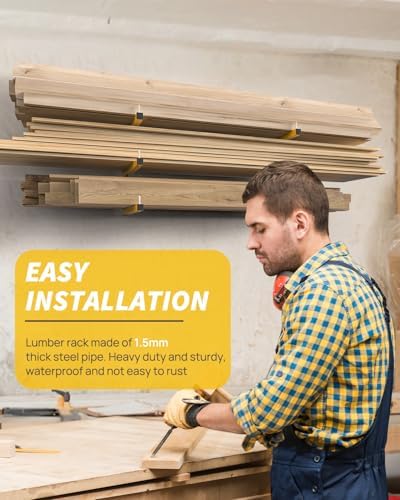 Lumber Rack Wall Mount Storage Racks Folding Wood Organizer Heavy Duty Shelf Brackets With 6-Level 720 Lbs Capacity Yellow Metal Utility Racks Garage Wall Shelving for Indoor and Outdoor Use (4 Pack)