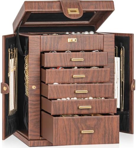 AKOZLIN 6-Tier Jewelry Box Organizer 5 Drawers Storage M-L Red