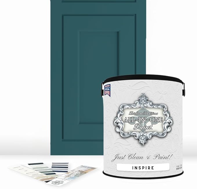 ALL-IN-ONE Paint by Heirloom Traditions, Inspire (Deep Teal), Gallon - Durable cabinet and furniture paint. Built in primer and top coat, no sanding needed. Includes our 30 featured color card.