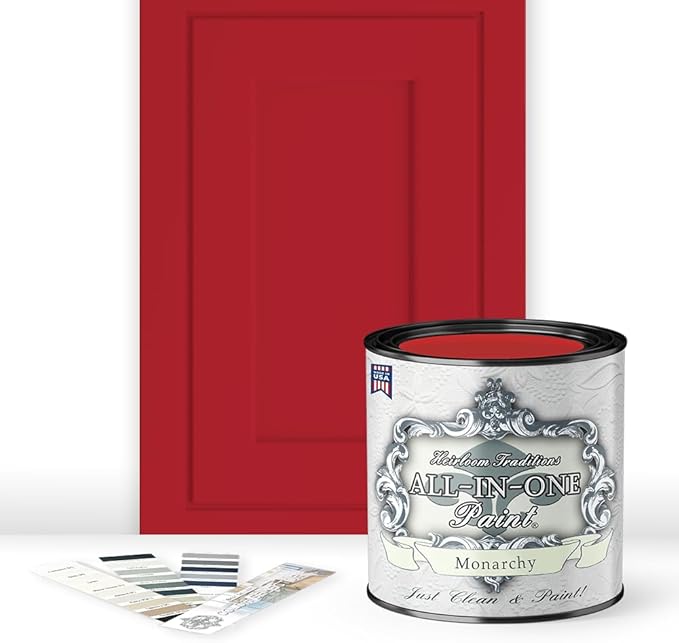 ALL-IN-ONE Paint by Heirloom Traditions, Monarchy (Primary Red), Quart - Durable cabinet and furniture paint. Built in primer and top coat, no sanding needed. Includes our 30 featured color card.