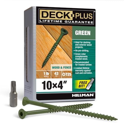 Deck Plus 4 Inch Epoxy Coated Exterior Wood and Fence Screws #10 x 4 Torx/Star Drive Included Coarse Thread, Outdoor Rust Resistant Decking Screw, Green, 1lb Box, 43 Pieces | 48409
