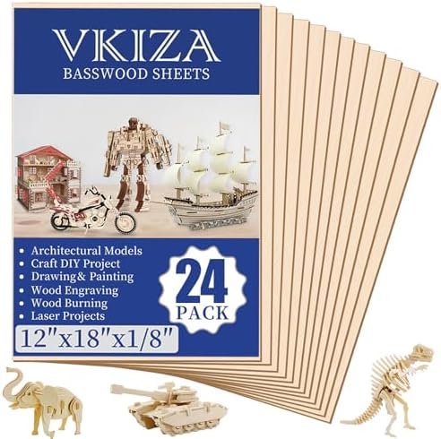24 Pack Basswood Sheets for Crafts 12x18x1/8 Inch, 3mm Thick Unfinished Plywood for Laser Cutting & Engraving, DIY Ornaments and Architectural Model