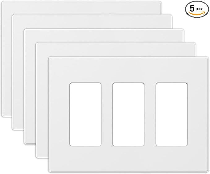 ELEGRP 3-Gang Screwless Decorative Wall Plates, Mid-Size Unbreakable Thermoplastic Faceplate Cover for Decorator Receptacle Outlet Switch, UL Listed (5 Pack, Matte White)
