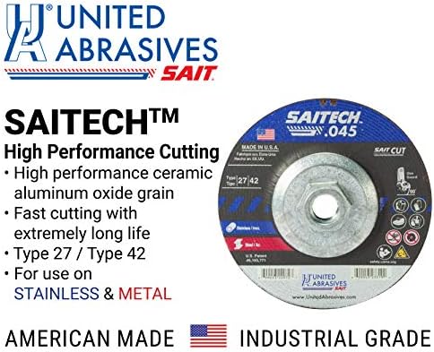 United Abrasives-SAIT 23319 Saitech™ High Performance Cut-Off Wheels (Type 27/Type 42 Depressed Center) 4 1/2" x .045" x 5/8-11", 10-Pack