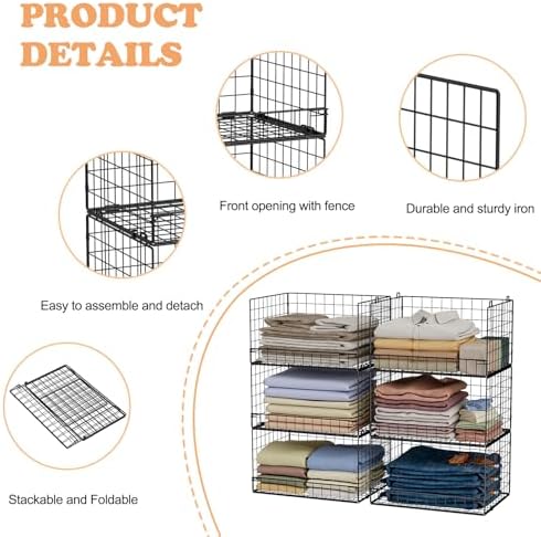 Yociyoga 6-Tier Stackable Closet Organizers and Storage Shelves, Closet Shelf Organizer Basket Bins, Foldable Sweater Storage for Clothes Organizer System, Black（Patent No. 30022416）