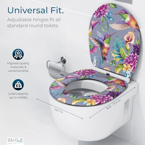 Sanilo Wooden Toilet Seat with Quick Release & Soft Close [ROUND] - Decorative & Slow Close Molded Wood Seat - With One Click for Easy Installation & Cleaning - With Adjustable Fit (Hummingbird)