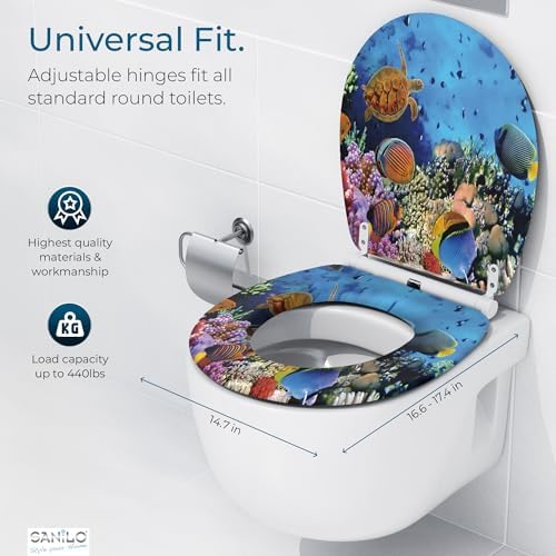 Sanilo Wooden Toilet Seat with Quick Release & Soft Close [ROUND] - Decorative & Slow Close Molded Wood Seat - With One Click for Easy Installation & Cleaning - With Adjustable Fit (Ocean)