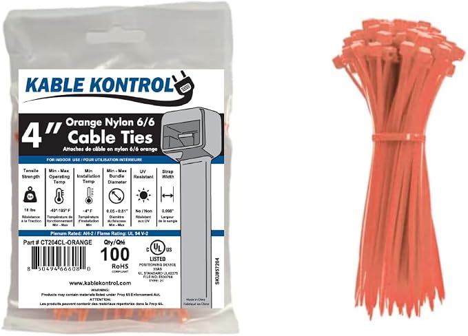 Kable Kontrol Orange Zip Ties 4 Inch 100 Pcs, 18 Lbs Tensile Strength, Self-locking Nylon Colored Cable Ties Wire Wraps for Indoor or Outdoor Use