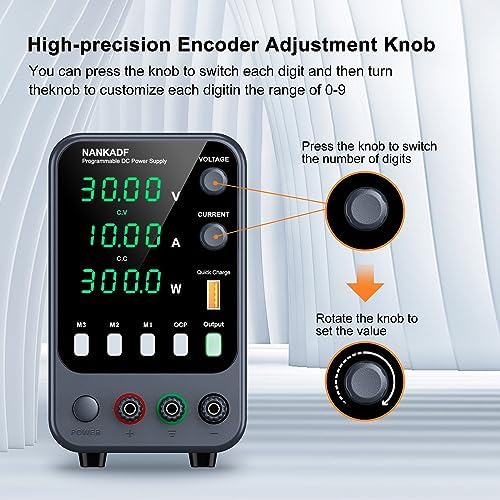 DC Power Supply, 30V 10A Bench Power Supply with Memory Storage & Recall，Variable Power Suppy with Encoder Adjustment Knob, 5V/3.6A USB Quick-Charge & OCP Short Circuit Alarm