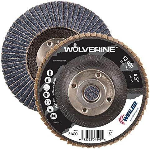 Weiler 31409 Wolverine 4-1/2" x 5/8"-11 UNC NUT Abrasive Flap Disc, 60 Grit Zirconia Alumina, Flat Type 27, Phenolic Backing, Standard Density (Pack of 10)