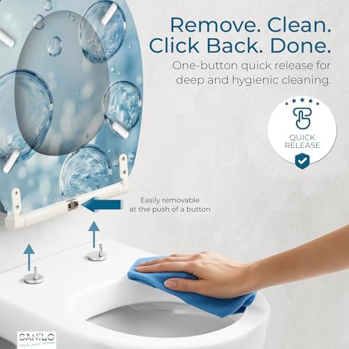 Sanilo Wooden Toilet Seat with Quick Release & Soft Close [ROUND] - Decorative & Slow Close Molded Wood Seat - With One Click for Easy Installation & Cleaning - With Adjustable Fit (Bubbles)