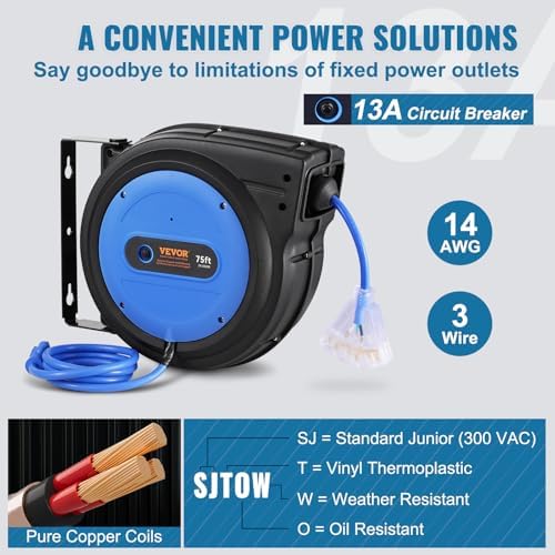 VEVOR Retractable Extension Cord Reel 75FT Heavy Duty 14AWG/3C SJTOW Blue