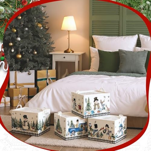 CHENGU 6 Pack Winter Storage Basket Collapsible Winter Basket for Gifts Buffalo Plaid Holiday Decor Large Snowman Bin Foldable Tree Box with Handle for Bedroom Office Home