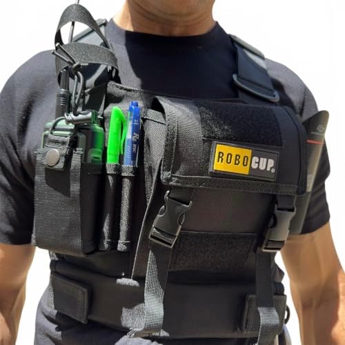 ROBOCUP Radio Chest Harness Vest - Adjustable Utility Organizer with Silent Buckle Closure - Full-Size Ham Radio Pouch, Secure Fit, Work Gear with D-Ring, Reflective Safety Stripes, Hook & Loop Patch