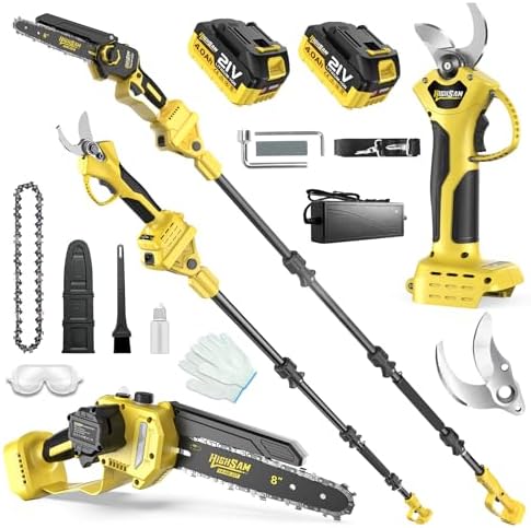 4-in-1 Cordless Pole saw Pruning Set,Electric Pruning Shears & 8 Inch pole saws for tree trimming with 13.8ft Max Extension Pole,Brushless Motor,Two 4.0Ah Batteries, Electric Pole Saw Tree Trimming