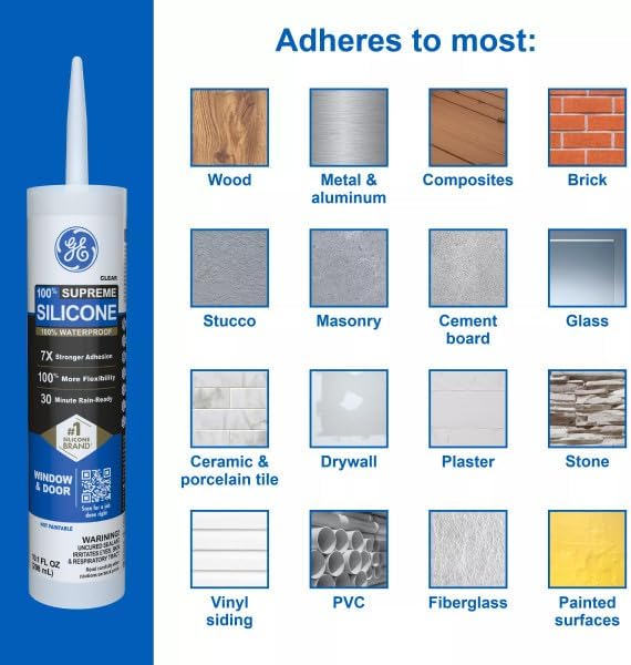 GE Supreme Silicone Caulk for Window & Door, Clear, 10 fl oz Cartridge, 12 Pack - 100% Waterproof Silicone Sealant, 7X Stronger Adhesion, Shrink & Crack Proof