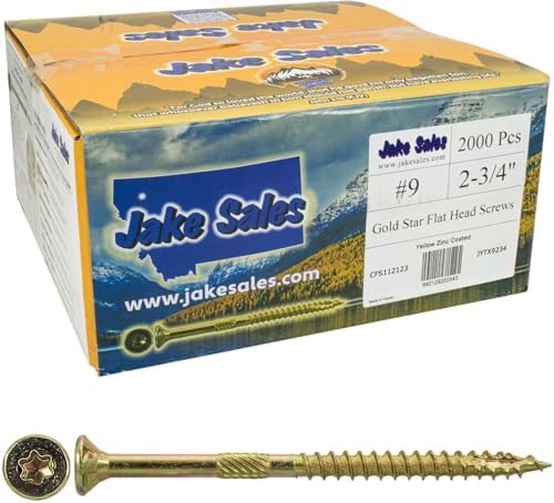 Jake Sales #9 x 2 3/4" Gold Star Wood Screw Torx/Star Drive Flat Head (Full Box - 2,000 Screw Count) - Multipurpose Torx/Star Drive Wood Screws