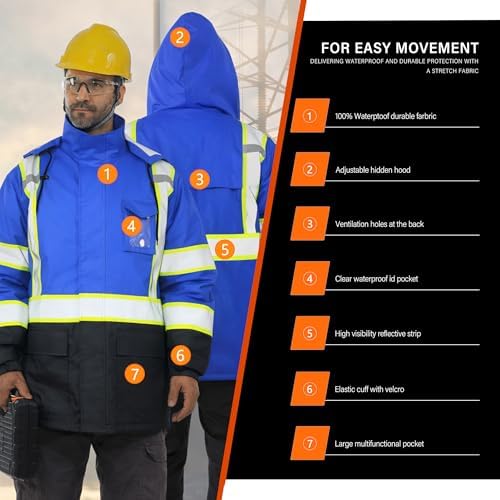 FATONE Hi Vis Rain Jacket for Men Lightweight Reflective Safety Rain Gear Waterproof with Hood, Class 3 Work Raincoat ANSI/ISEA Tested Blue 2XL/3XL