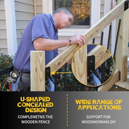 U-Shaped Deck Railing Bracket Connectors, 30 Degree Attachment Brackets with Screws for 2" x 4" Lumber, Stair Handrail Connectors for Wood Fences - 4Pair