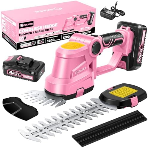 Saker Cordless Hedge Trimmer-20V Electric Shrub Trimmer Grass Shears Handheld Grass Cutter, Hedge Shear with 1 PCS Rechargeable Battery and Charger for Garden, Lawn(Pink)