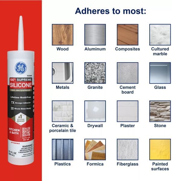 GE Supreme Silicone Caulk for Kitchen & Bathroom, White, 10 fl oz Cartridge, 12 Pack - 100% Waterproof Silicone Sealant, 7X Stronger Adhesion, Shrink & Crack Proof