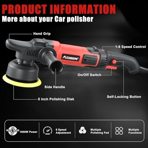 AOBEN 5 Inch Dual Action Polisher – 16mm Long Orbit Random Orbital Buffer with 6 Variable Speeds (1000-5500 RPM), Detachable Handle, and 7 Buffing Pads for Car Polishing, Waxing, and Scratch Removal