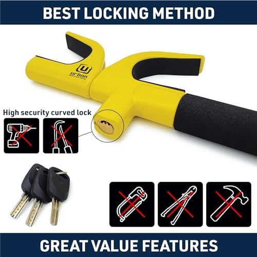 Urban UR959Y High Security Steering Wheel Lock, Most Visible Yellow Steel Double Hook, Automatic Locking, Protective Pads Optional Safety Hammer, Universal Car Anti-Theft Device for Auto SUV Van Truck