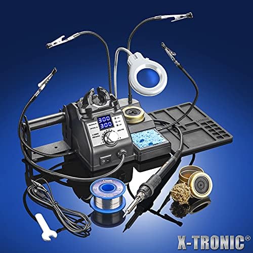 X-Tronic 3060-PRO - 75 Watt Soldering Iron Station with Mini Mag Lamp & 4 Helping Hands - 2 Digital LED Displays, 3 Temp Presets, Sleep Func, C/F Func, Brass Sponge w/Flux & Wet Sponge