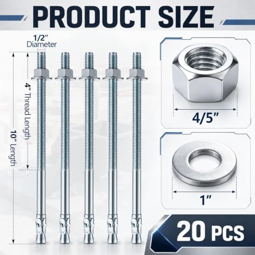 Moxweyeni 20 Pcs 1/2" x 10" Zinc Plated Wedge Anchors for Concrete