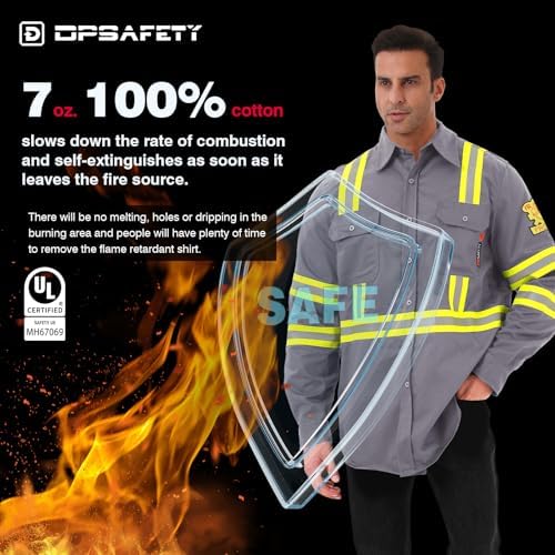 FR Shirts for Men 7oz High Visibility Fire Resistant Shirts CAT2 Welding Shirt 100% Cotton Hi Vis Flame Resistant Shirt Light Gray(Small)