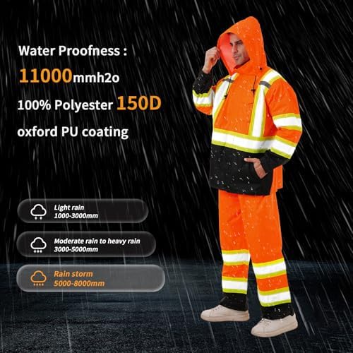 Hi Vis Safety rain Jacket，Reflective Class 3 Rain coat with Inner Mesh Lining and Pockets High Visibility Waterproof work Rain Suits for men&women（Orange,4XL/5XL）