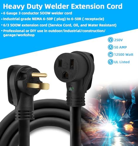 6/3 Welder Extension Cord 50 Amp SOOW Welding Extension Cord 250 Volt 6AWG