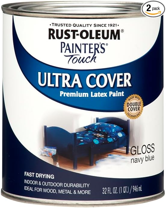Rust-Oleum 1922502-2PK Painter's Touch Latex Paint, Quart, Gloss Navy Blue, 32 Fl Oz (Pack of 2)