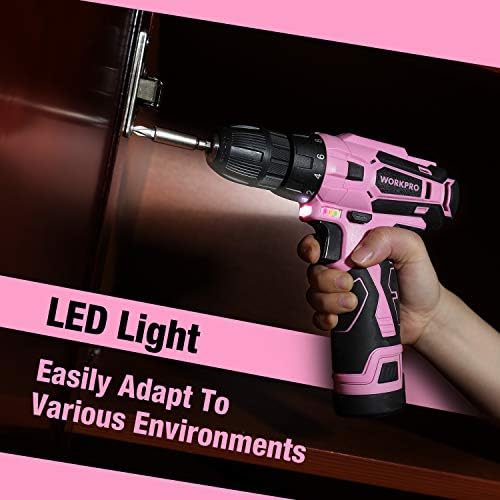 WORKPRO 12V Pink Cordless Drill Driver and Home Tool Kit, Hand Tool Set for DIY, Home Maintenance, 14-inch Storage Bag Included - Pink Ribbon