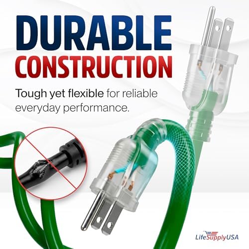 200ft Outdoor/Indoor Extension Cord 10/3 Gauge Ultra Heavy Duty 3 Prong SJTW, Waterproof, Flexible Cold-Resistant Long Power Cord,10A 125V 1250W, Green by LifeSupplyUSA