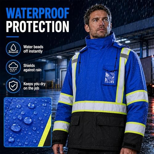 Rain Suits for Men Waterproof Reflective High Visibility Rain Gear Mens Heavy Duty, Hi Vis Rain Jacket & Pants with Black Bottom Class 3 ANSI/ISEA Compliant, Blue L/XL