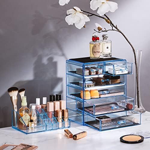 Sorbus Makeup Organizer, 6-Drawer Acrylic 2-Piece Set (Blue Brilliance)