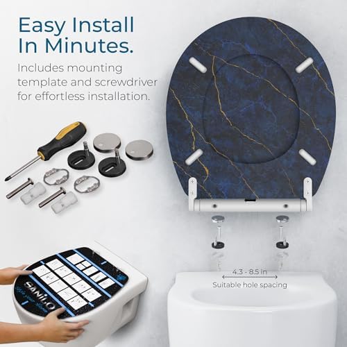 Sanilo Wooden Toilet Seat with Quick Release & Soft Close [ROUND] - Decorative & Slow Close Molded Wood Seat - With One Click for Easy Installation & Cleaning - With Adjustable Fit (Marble Darkblue)