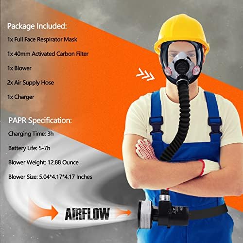 HANUU Reusable PAPR Respirator, Portable PAPR Respirator System with 40mm Activated Carbon Filter, Powered Air Purifying Respirators, Gas Mask for Gases, Dust, Vapors, Chemicals, Paint, Spray