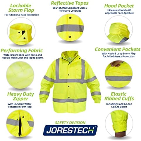 JORESTECH Hi-Visibility Waterproof Rain Jacket with Mesh Lining, ANSI/ISEA 107-2015 Class 3 Type R, Lightweight Wind-Resistant Safety Jacket