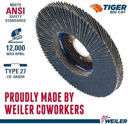 Weiler 50803 Big Cat High Density Abrasive Flap Disc, Type 27, Round Hole, Phenolic Backing, Zirconia Alumina, 4-1/2" Dia., 40 Grit (Pack of 10)
