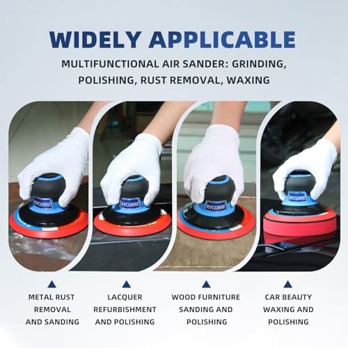 6 Inch Pneumatic air Sander Kit (with 12 Sandpapers, Polishing Pads & Accessories & A Free Air Blow Gun) – da sander for auto Body Specialized, Pneumatic Orbital Sander, Professional & DIY Compatible