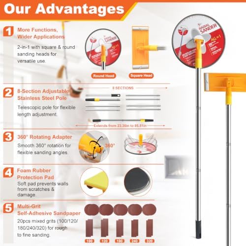 Drywall Pole Sander Kit，85" Manual Hand Drywall Sander with Extension Pole