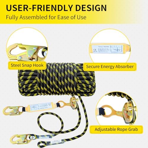 150FT Rope Harness Safety Lanyard, Roofing Fall Protection Rope