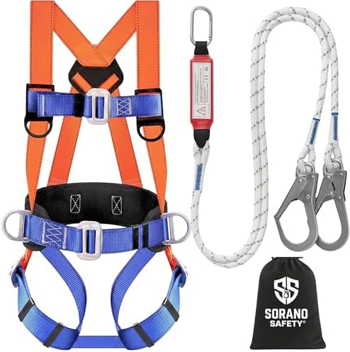 Sorano Safety Harness Fall Protection Kit, Full Body Roofing harnesses with Shock Absorbing Lanyard for Men & Women OSHA/ANSI Compliant, Full Body Chest Harness for Hunting, Climbing & Construction