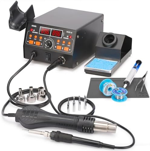 902D III Hot Air Soldering Station 2-IN-1 Kit with 3 Preset Channels, Small Silicone Work Mat, 4 Soldering Tips, 2 Lead-free Solder, Solder Sucker, ESD-Safe Tweezers